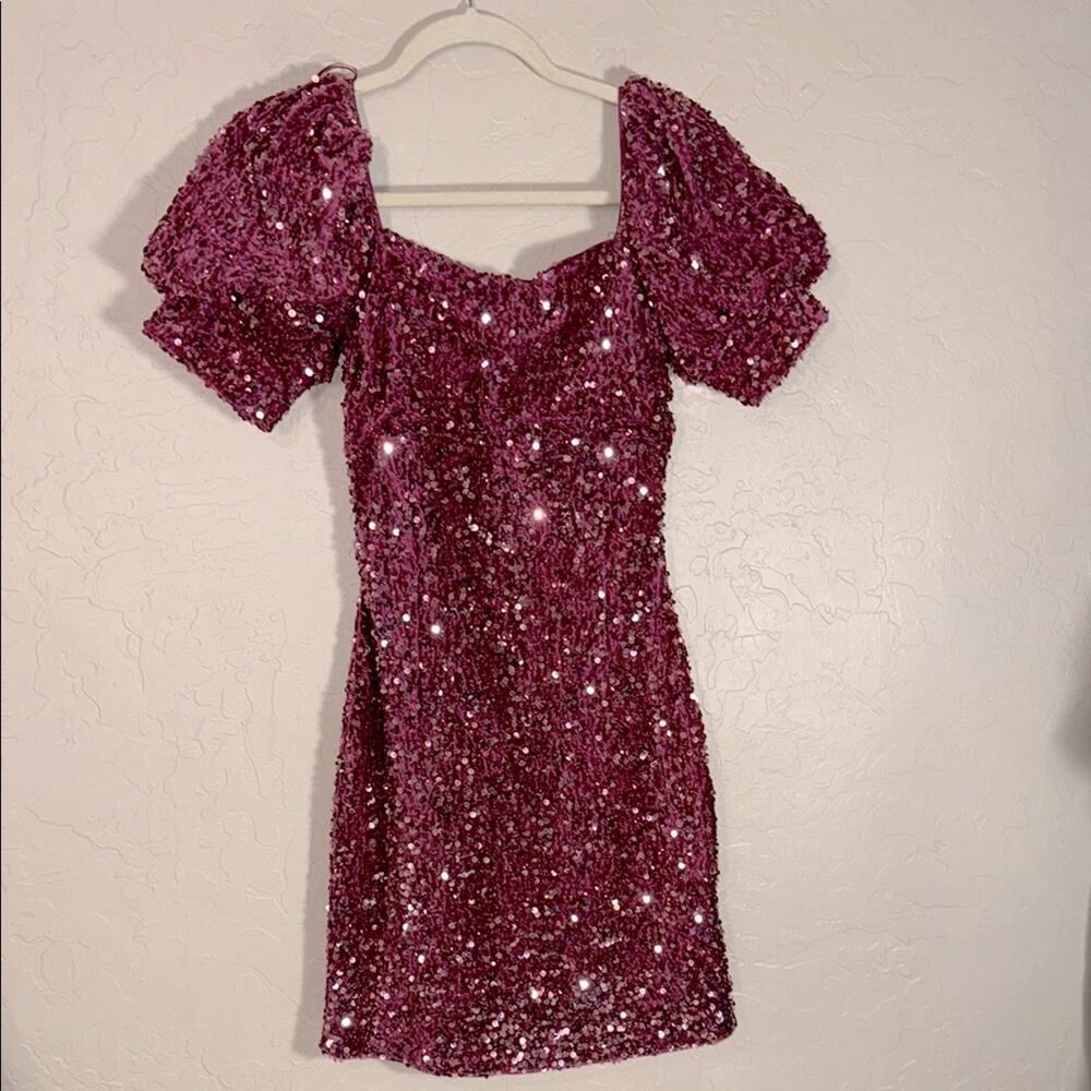 Altar’d state disco dress pink sequins puff sleeve mini party dress size small - Picture 2 of 9